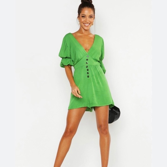 BOOHOO Puff Sleeve Button Front Shorts Playsuit, Size 8 - Picture 1 of 9